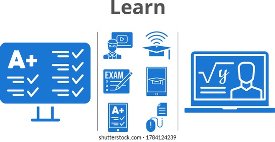 learn icon set included exam, e-reader, professor, teacher, cap, tablet, click icons and filled styles.