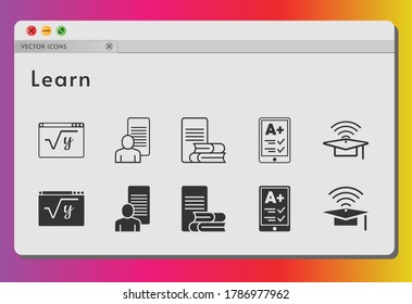learn icon set. included study, ereader, cap, maths icons on white background. linear, filled styles.