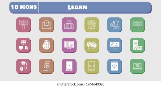 learn icon set. included study, audiobook, learn, homework, learning, ebook, student-laptop, instructor, student, online-learning icons on white background. linear, filled styles.