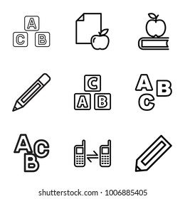 Learn icons. set of 9 editable outline learn icons such as pencil, abc cube, abc, apple on book, paper and apple