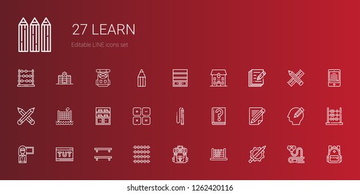 learn icons set. Collection of learn with pencil, abacus, backpack, bookshelf, tutorial, guide, maths, volley, pencils, write, school, bookworm. Editable and scalable learn icons.