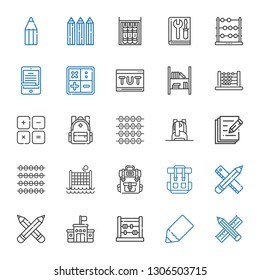 learn icons set. Collection of learn with pencil, abacus, school, pencils, backpack, volley, write, maths, bookshelf, tutorial, math, ereader. Editable and scalable learn icons.