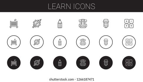 learn icons set. Collection of learn with volley, pencil, backpack, maths. Editable and scalable learn icons.
