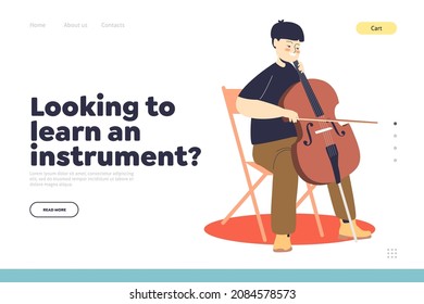 Aprende el concepto de instrumento de la página de aterrizaje con un chico lindo jugando a violoncelo. Un niño pequeño toca música clásica. Orquesta infantil y educación musical o hobby. Dibujo vectorial plano de dibujos animados