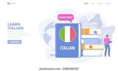 Learn Italian language online, foreign language courses, self education. Design concept for landing page. Flat vector illustration with tiny characters for website, print, banner.