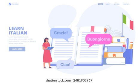 Learn Italian language online, foreign language courses, self education. Design concept for landing page. Flat vector illustration with tiny characters for website, print, banner.