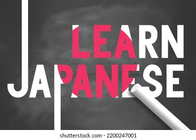 Learn Japanese with Japan flag color on chalkboard, 3d rendering