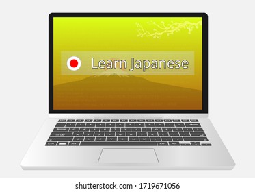 Learn Japanese online on laptop with Fuji mountain and sakura background. Study on Japan with fujisan and branch tree vector illustration golden background.

