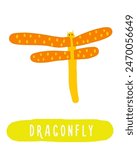 Learn jungle forest flashcard. Learning English words for kids. Cute hand drawn doodle educational card with dragonfly. Preschool rain forest, wild nature learning material