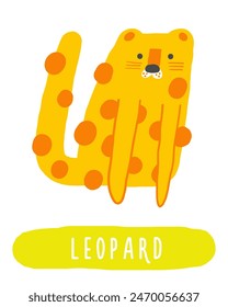 Learn jungle forest flashcard. Learning English words for kids. Cute hand drawn doodle educational card with leopard, cat. Preschool rain forest, wild nature learning material