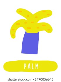 Learn jungle forest flashcard. Learning English words for kids. Cute hand drawn doodle educational card with palm tree. Preschool rain forest, wild nature learning material