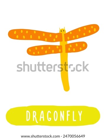 Learn jungle forest flashcard. Learning English words for kids. Cute hand drawn doodle educational card with dragonfly. Preschool rain forest, wild nature learning material