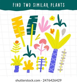 Learn jungle forest game for kids. Cute hand drawn doodle funny wild nature, rain forest puzzle with plants, flowers, trees, palm, leaves. Educational worksheet, mind task, riddle, strategy quiz for c