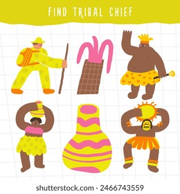 Learn jungle forest tribe game for kids. Cute hand drawn doodle funny rain forest puzzle with tribe people, chief, shaman, woman, explorer. Educational worksheet, mind task, riddle, strategy quiz