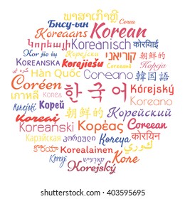 Learn Korean. Korean language translated into languages of the world. Vector educational collage.