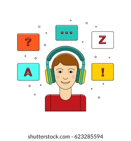 Learn language concept with boy in headphone vector illustration isolated on white background. Foreign language study icon in flat design