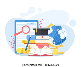 Learn language education concept vector illustration. Cartoon open book for studying, stack of dictionary textbooks, gadget tablet with magnifier on text, globe educational equipment isolated on white