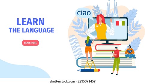 Aprender idiomas aterrizar plantilla de diseño de página web para educación a distancia, cursos en línea, e-learning, ilustración de tutorial vectorial.