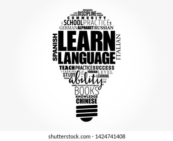 Learn Language light bulb word cloud collage, education concept background