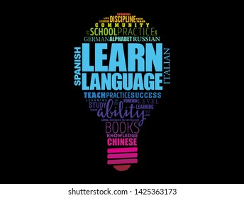 Learn Language light bulb word cloud collage, education concept background