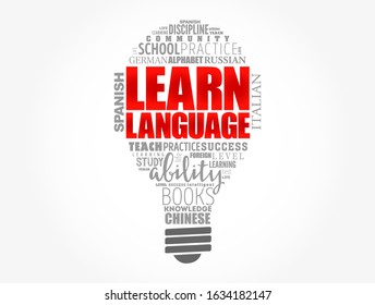Learn Language light bulb word cloud collage, education concept background