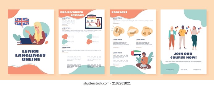 Learn languages online flat vector brochure template. Booklet, leaflet printable flat color design. Editable magazine page, reports kit with text space. Sigmar One, Balsamiq Sans, Comfortaa fonts used