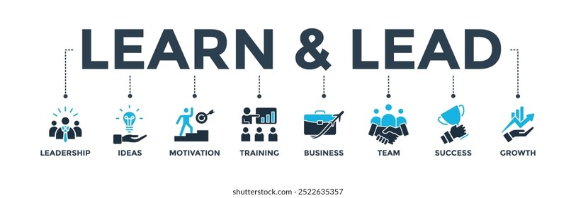 Aprenda y lidere el concepto de Ilustración vectorial de íconos de Web de Anuncio con íconos de liderazgo, ideas, motivación, capacitación, negocios, equipo, éxito y crecimiento