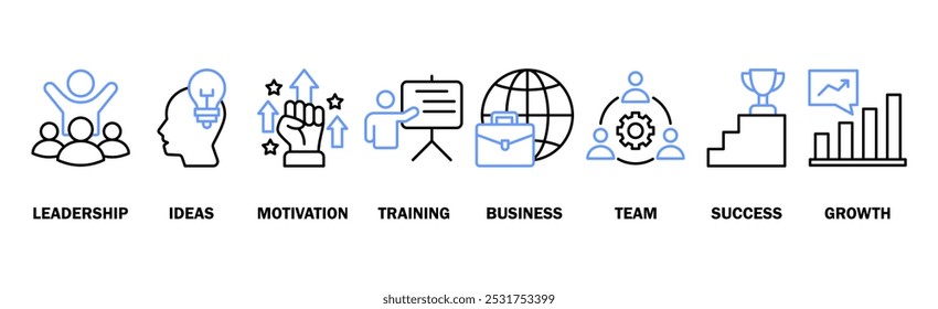 Aprenda e lidere o conceito de ilustração vetorial de ícone da Web com ícone de liderança, ideias, motivação, treinamento, negócios, equipe, sucesso e crescimento