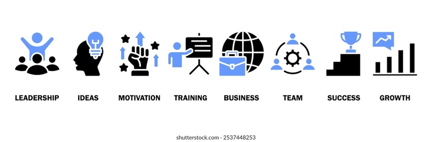 Aprenda y lidere el concepto de Ilustración vectorial de íconos de Web de Anuncio con íconos de liderazgo, ideas, motivación, capacitación, negocios, equipo, éxito y crecimiento