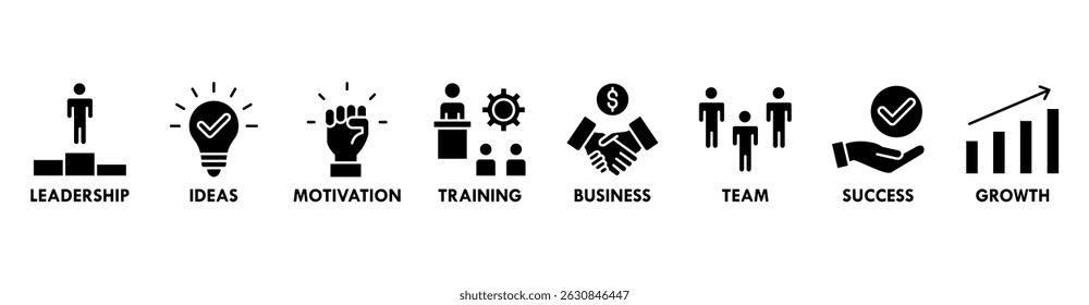 Aprenda e lidere o conceito de ilustração vetorial de ícone da Web com ícone de liderança, ideias, motivação, treinamento, negócios, equipe, sucesso e crescimento