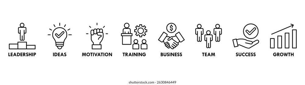 Aprenda e lidere o conceito de ilustração vetorial de ícone da Web com ícone de liderança, ideias, motivação, treinamento, negócios, equipe, sucesso e crescimento