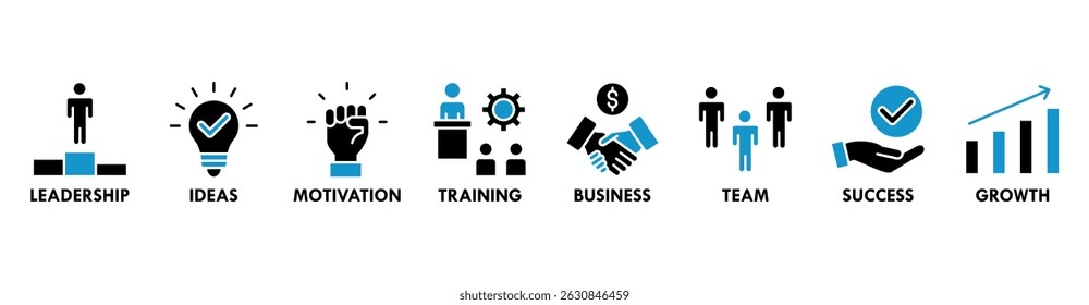 Aprenda e lidere o conceito de ilustração vetorial de ícone da Web com ícone de liderança, ideias, motivação, treinamento, negócios, equipe, sucesso e crescimento