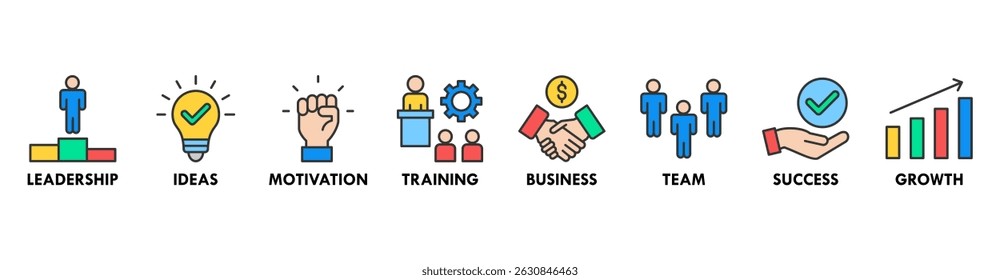 Aprenda e lidere o conceito de ilustração vetorial de ícone da Web com ícone de liderança, ideias, motivação, treinamento, negócios, equipe, sucesso e crescimento