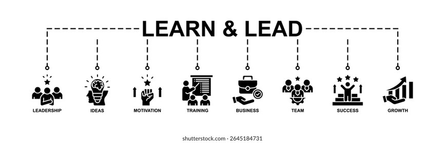 Aprenda O Conceito De Ilustração De Vetor De Ícone Web De Banner De Chumbo Com Ícone De Liderança, Ideias, Motivação, Treinamento, Negócios, Equipe, Sucesso, Crescimento. Estilo de Glifo