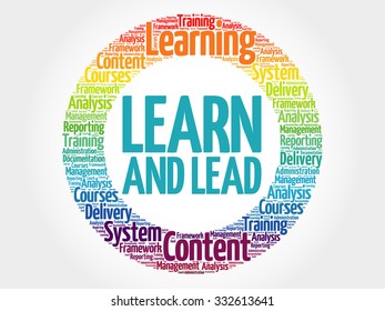 Learn and Lead circle stamp word cloud, business concept