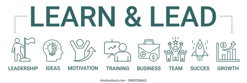 El Anuncio de concepto de Aprender y Liderar contiene información sobre liderazgo, ideas, motivación, capacitación, negocios, equipo, éxito y Ilustración vectorial de crecimiento