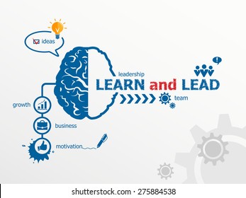 Learn and Lead concept and brain. Hand writing Learn and Lead with blue marker.