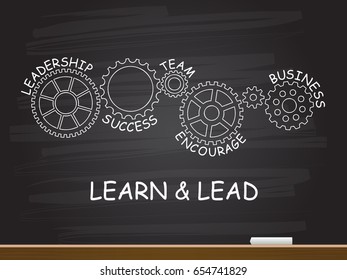 Learn and Lead with gear concept on chalkboard. Vector illustration.