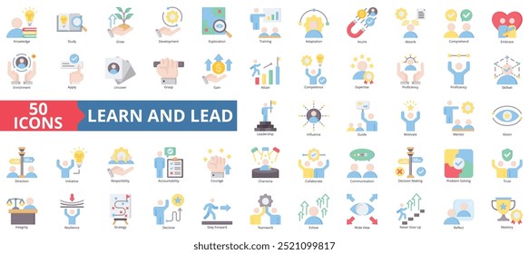 Conjunto de colecciones de íconos de aprendizaje y plomo. Contiene conocimiento, estudio, crecimiento, desarrollo, exploración, entrenamiento, icono de adaptación. Ilustración de color plano simple.
