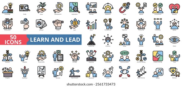 Learn and lead icon collection set. Containing knowledge, study, grow, development, exploration, training, adaptation icon. Simple flat outline color illustration