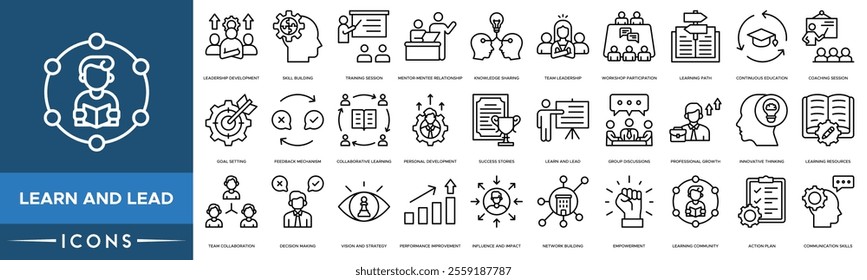 Learn and Lead icon. Leadership Development, Skill Building, Training Session, Mentor-Mentee Relationship and Knowledge Sharing