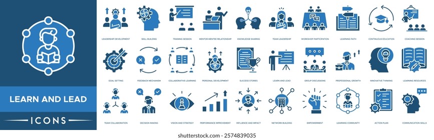 Learn and Lead icon. Leadership Development, Skill Building, Training Session, Mentor-Mentee Relationship and Knowledge Sharing