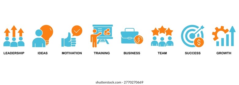 Learn and lead icon set Aqua Orange Flat concept for leadership, ideas, motivation, training, business, team, success, and growth