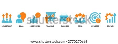 Learn and lead icon set Aqua Orange Flat concept for leadership, ideas, motivation, training, business, team, success, and growth