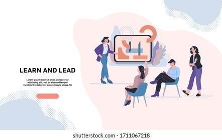 Learn And Lead Landing Page Or Website Template. Company Staff Training And Continuing Education Courses. Webinar Online For Leadership Skills Development.Vector Flat Cartoon Illustration.