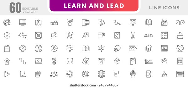 Learn and lead line icon set. Leadership, training, leader, delegation, control, responsibility, knowledge, study, grow, development and exploration outline icons collection. UI thin outline icon set.