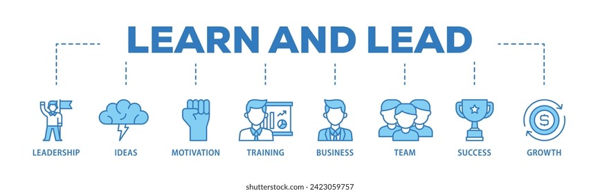 Learn and lead web banner icon vector illustration concept consists of leadership, ideas, motivation, training, business, team, success, and growth icon live stroke and easy to edit