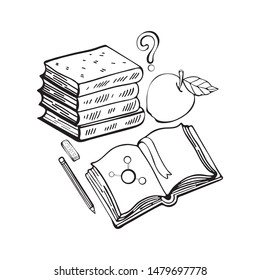 Learn lessons. School set stack of books, open textbook, Apple, question mark, pencil, eraser. Black and white line drawing. Isolated objects on white background. Hand drawing in Doodle style.
