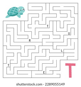 Lerne Briefe. ABC Labyrinth-Spiel. Lernpuzzle für Kinder. Hilf der Schildkröte, den richtigen Weg zum Buchstaben T zu finden. Aktivitätsblatt mit Labyrinth. Lerne Englisch. Vektorgrafik.