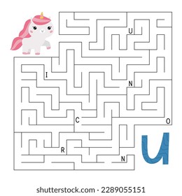 Learn letters. ABC maze game. Educational puzzle for children. Help the unicorn find right way to the letter U. Activity worksheet with labyrinth. Learn English language. Vector illustration.